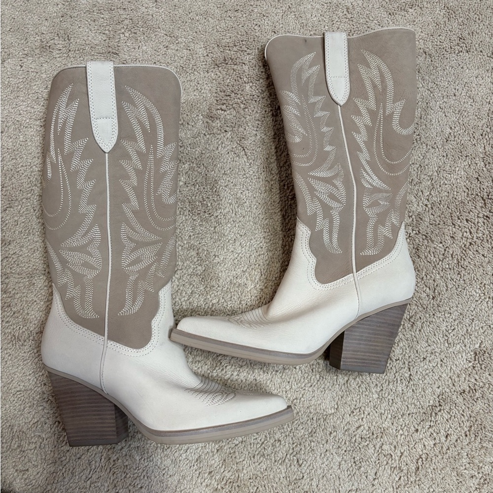 Dolce Vita White and Tan Heeled Western Boots